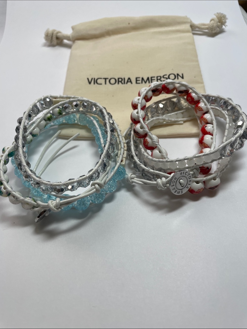 Victoria Emerson White Wrap Bracelet Set with Red & Light Blue Beads 2 pieces